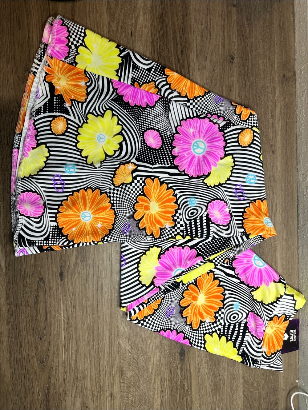 Floral Bell Bottom Pants in Black with Neon Orange, Pink & Yellow Flowers
